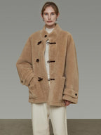 unspoken Warm Fur Lined Oversized Stand Collar Khaki Women Short Coat