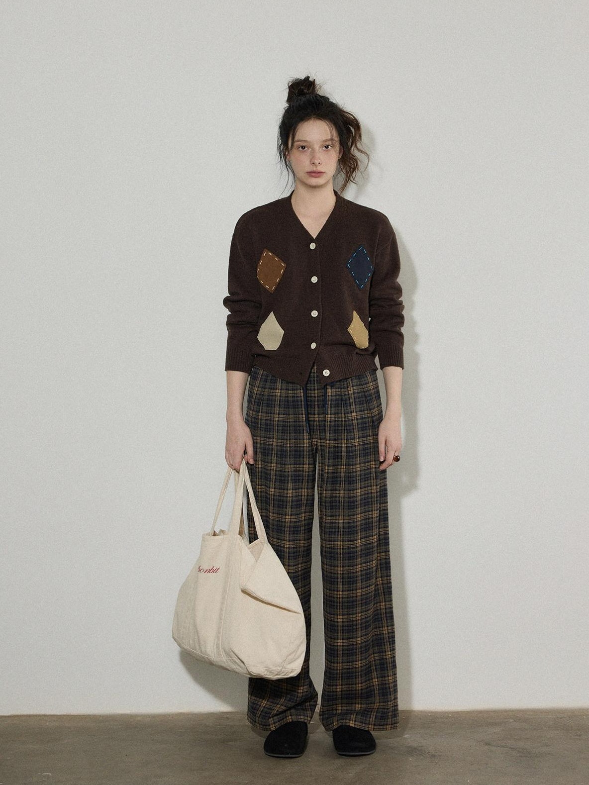 Lofi choose Wool Blend Colorblock Loose V-neck Women Workwear Argyle Button Knit Cardigans