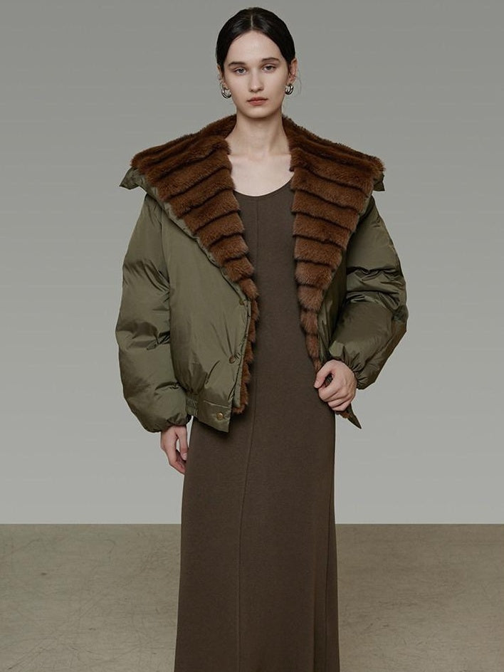unspoken 90% White Duck Down Warm Loose Patchwork Commuter Olive Green Zip Down Jackets