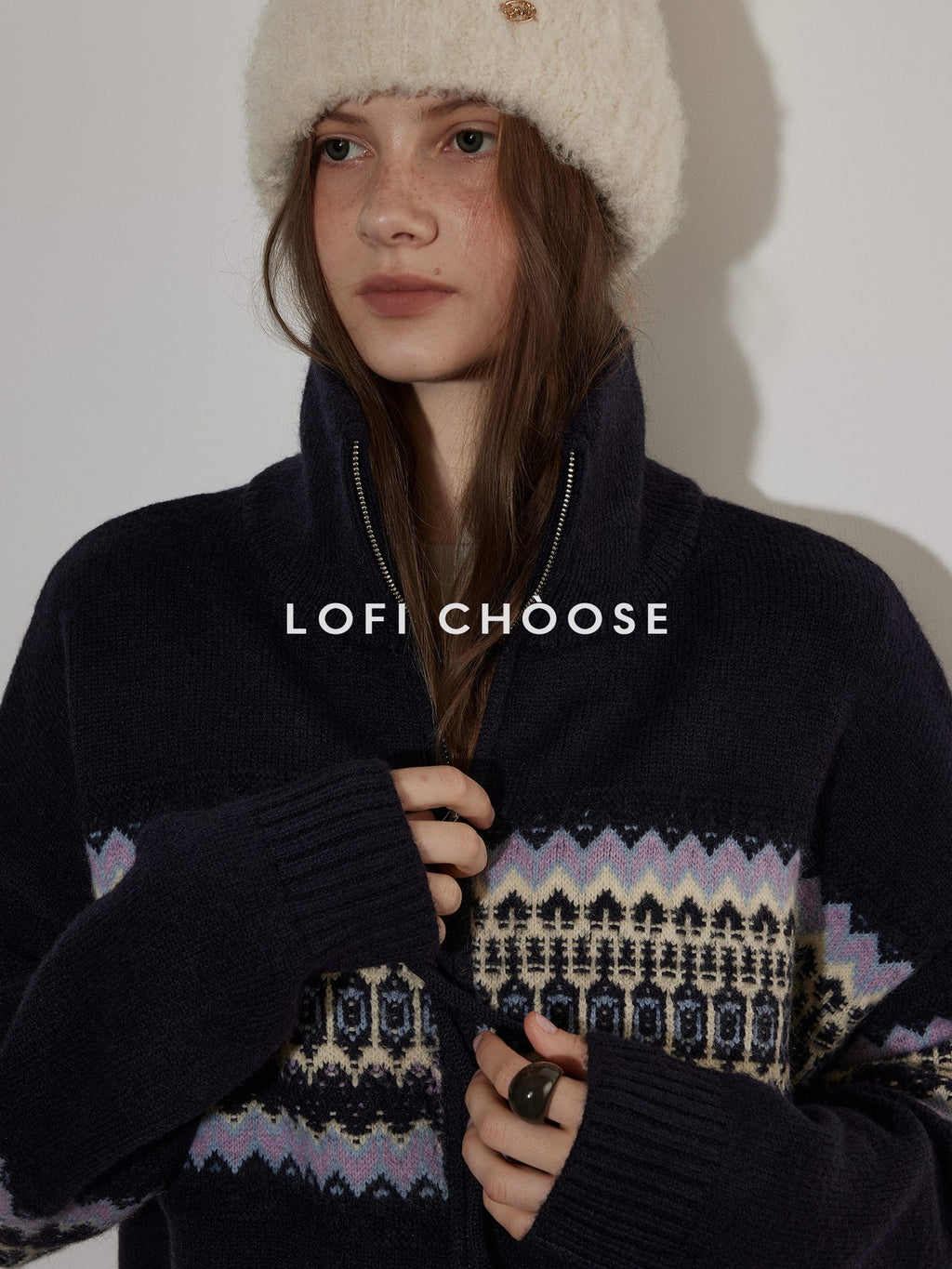 Lofi choose Cozy Thick Zip Front Work Loose Fit Women Office Acrylic Blend Navy Cardigans