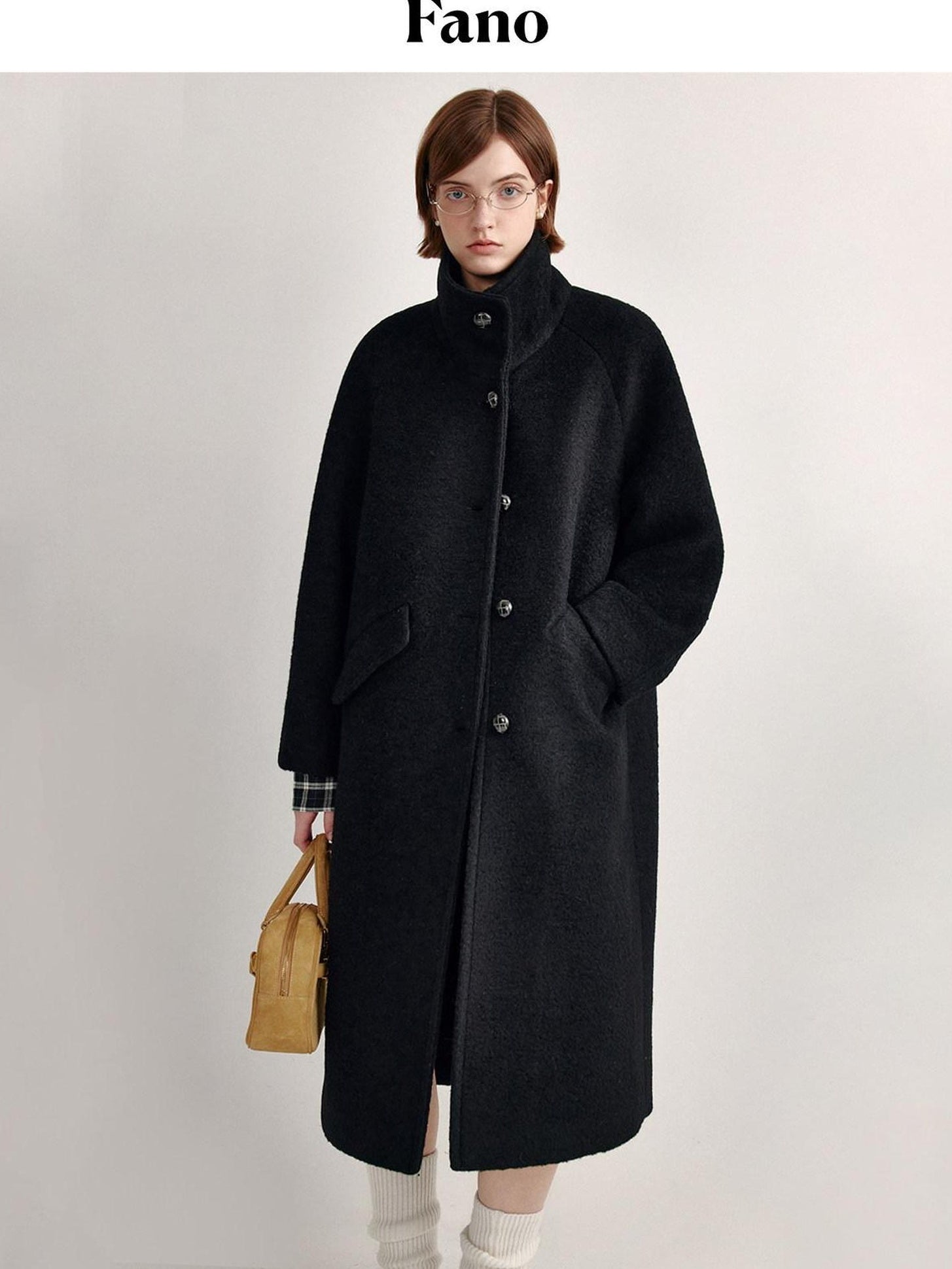 fano Soft Wool Blend Straight Cut Stand Collar Pockets Commuter Midlength Wool Coats