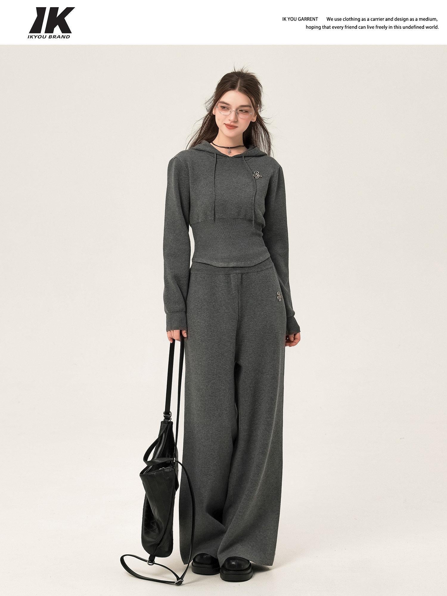 ikyou Ribbed Grey Cropped Hood Pullover Commuter Polyester Women Top & Pants Sets