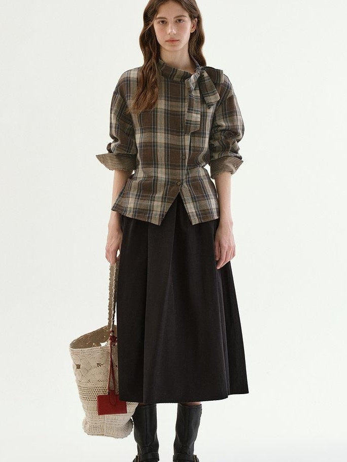 fano Soft Cotton Tie Bow Plaid Long Sleeve Stand Collar Office Cardigan Women Blouses