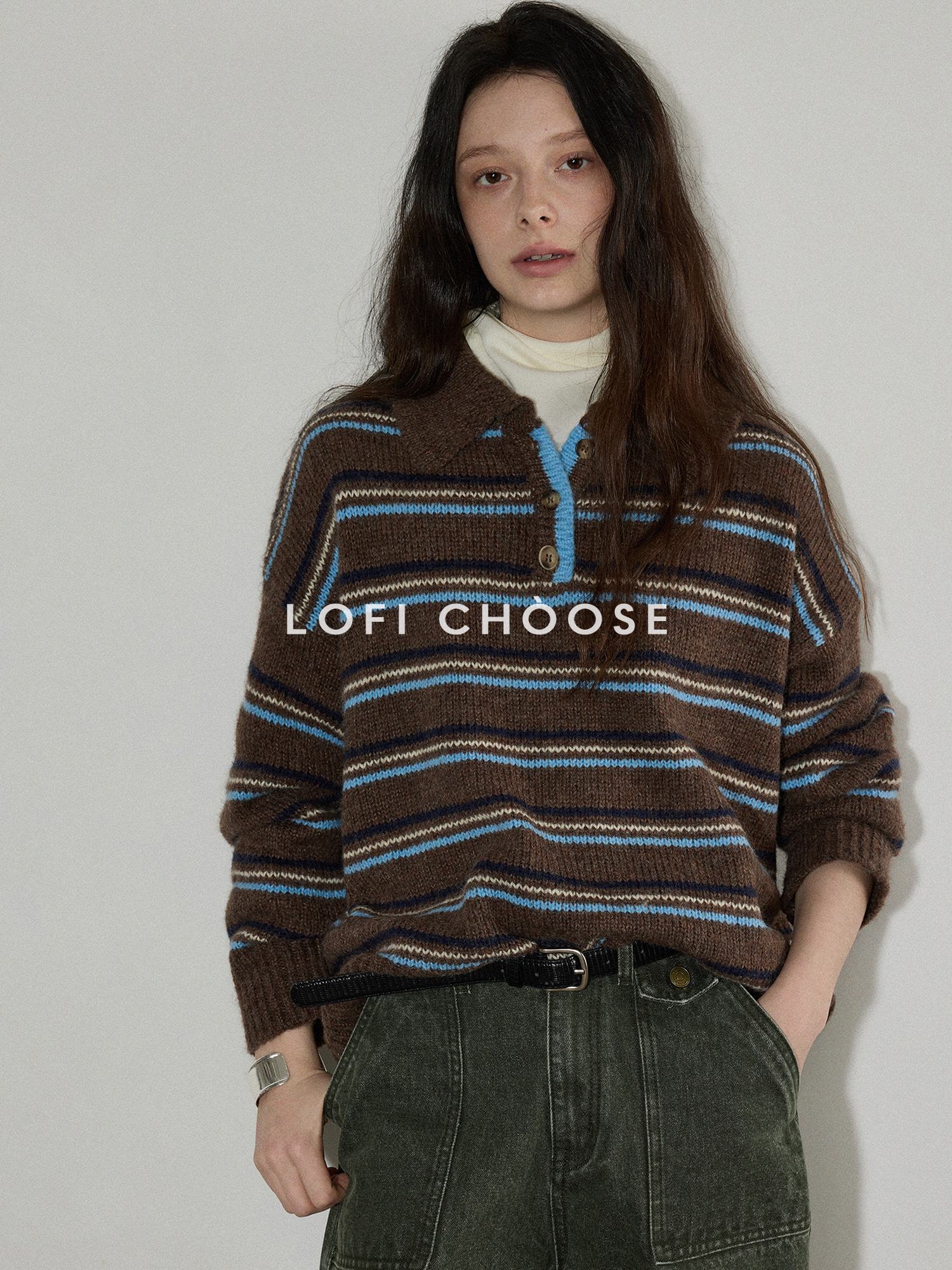 Lofi choose Cozy Colorblock Collared Oversized Striped Button Knit Pullover Women Sweaters