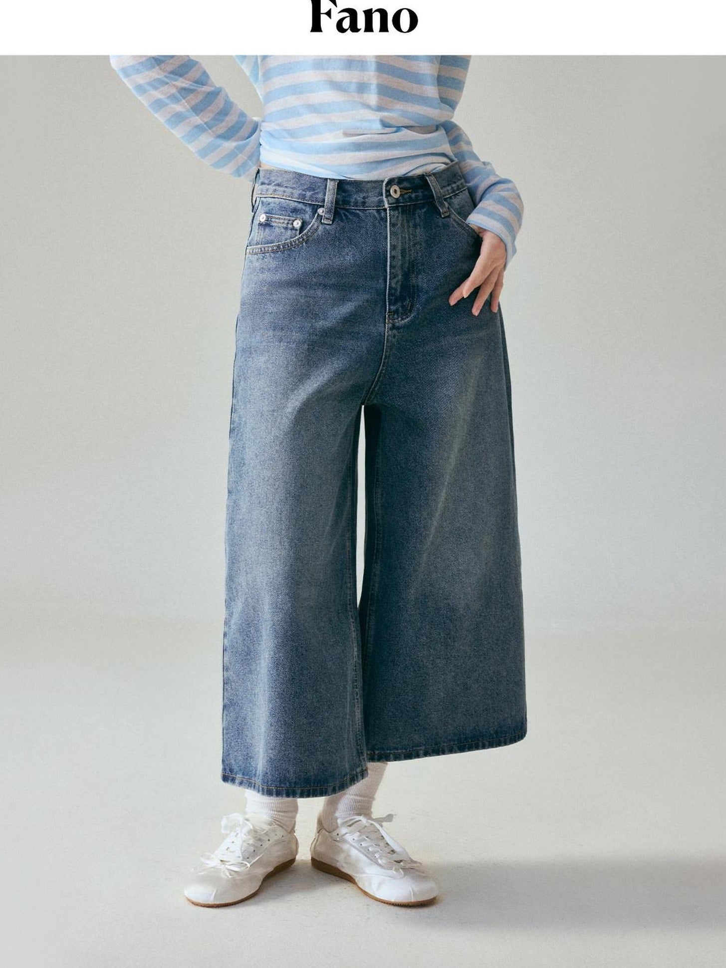 fano Natural Waist Loose Fit Ankle Crop Denim Casual Blue Youth Straight Leg Jeans