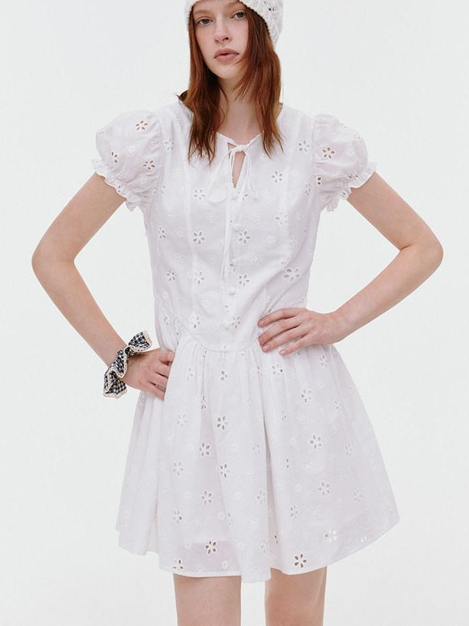 fano Pure Cotton Breathable Korean Workwear A Line Round Neck White Midi Dresses