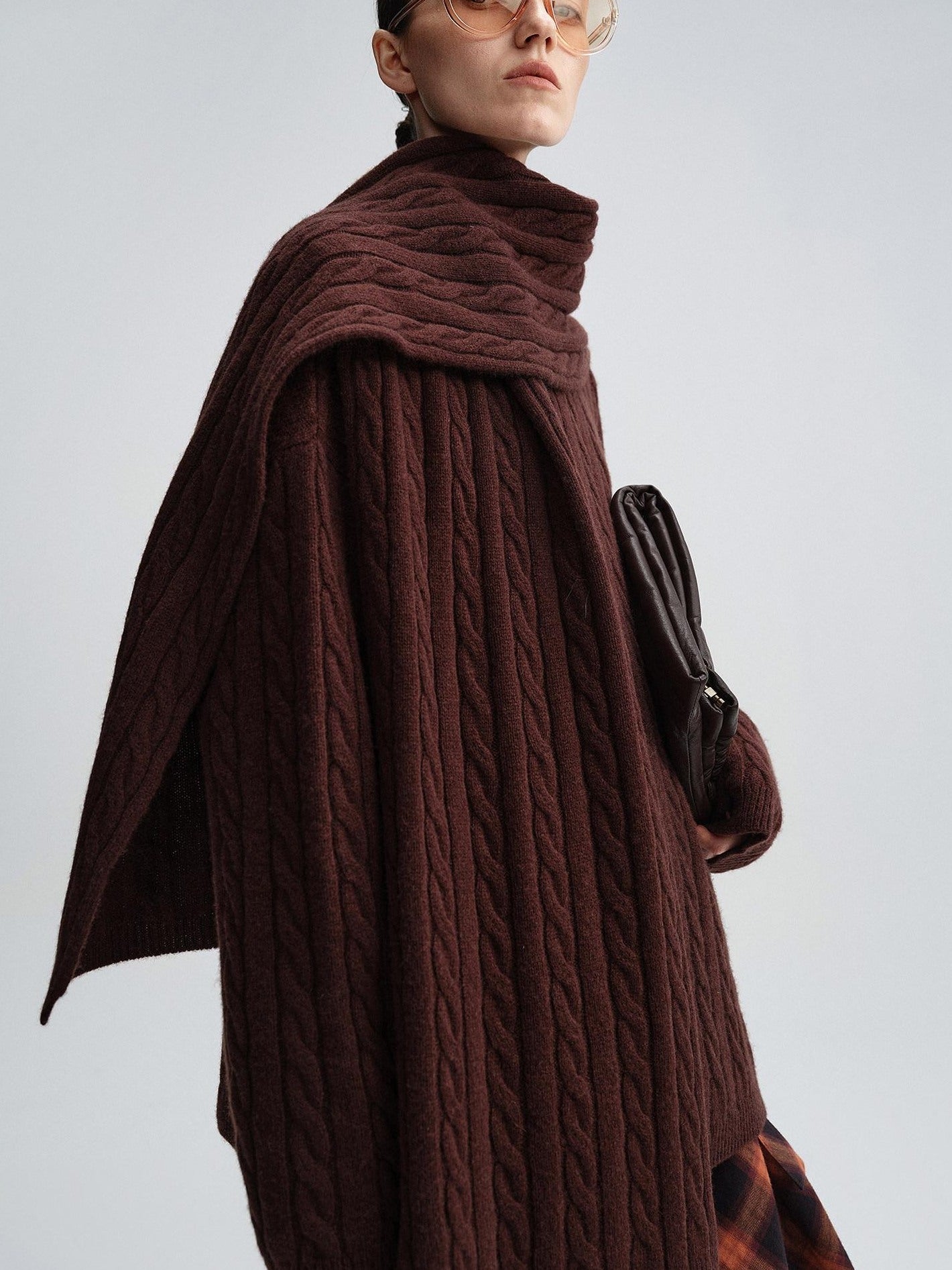 audreyyang 100 Percent Sheepswool Thick Vintage Loose Built In Scarf Women Knit Sweaters