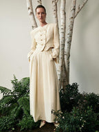 unspoken Original Design Double Breasted Cream Straight Fit Long Sleeve Top & Skirt Sets