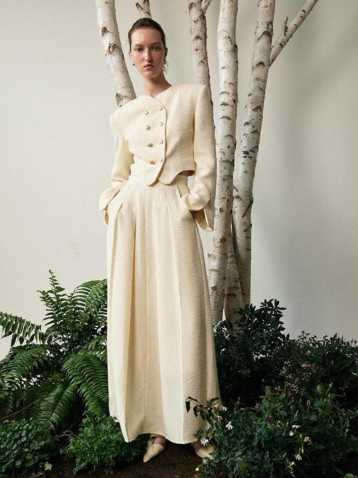 unspoken Original Design Double Breasted Cream Straight Fit Long Sleeve Top & Skirt Sets