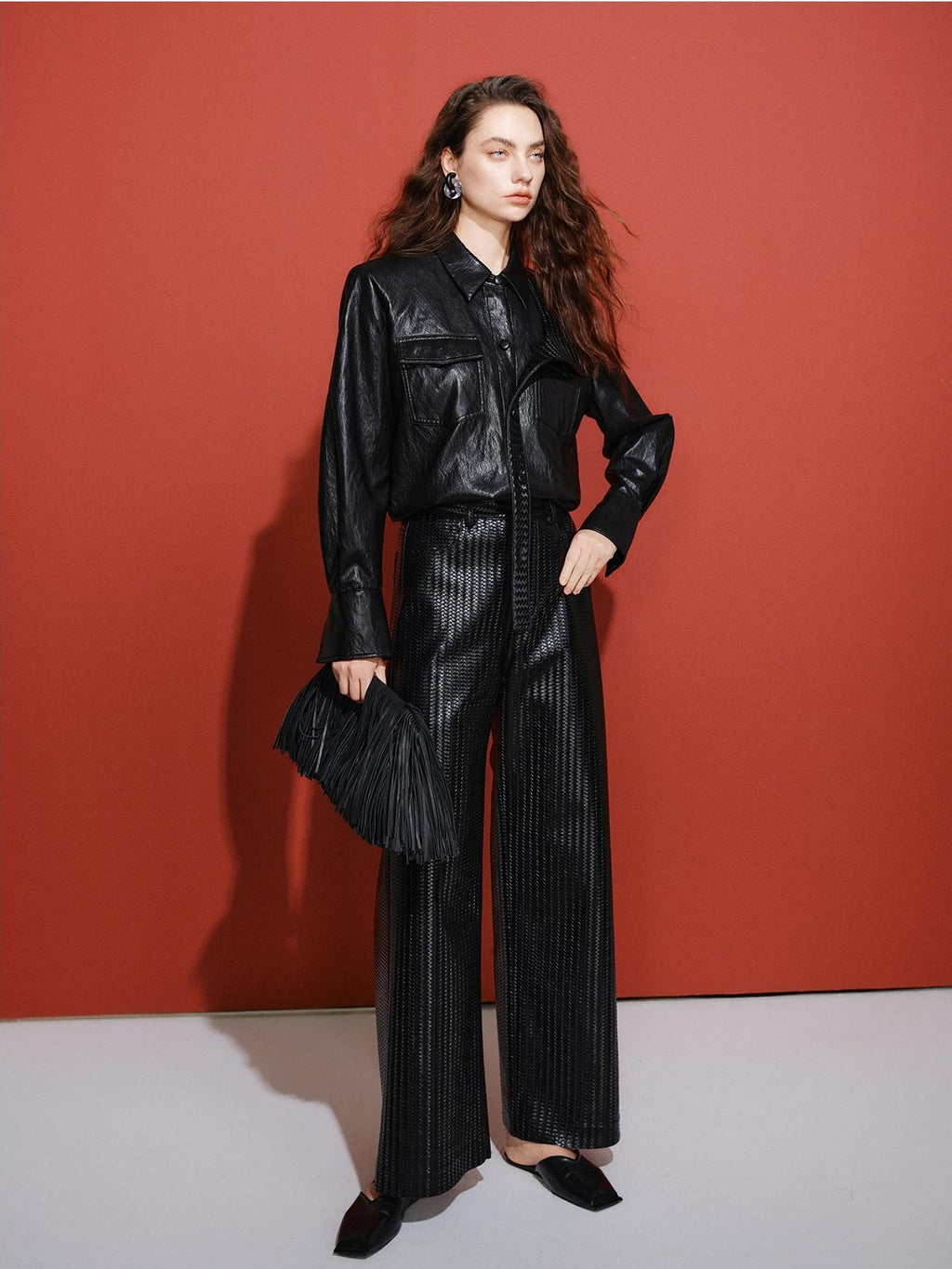 audreyyang Pu Faux Leather Casual Natural Waist Zip Fly Women Straight Pants