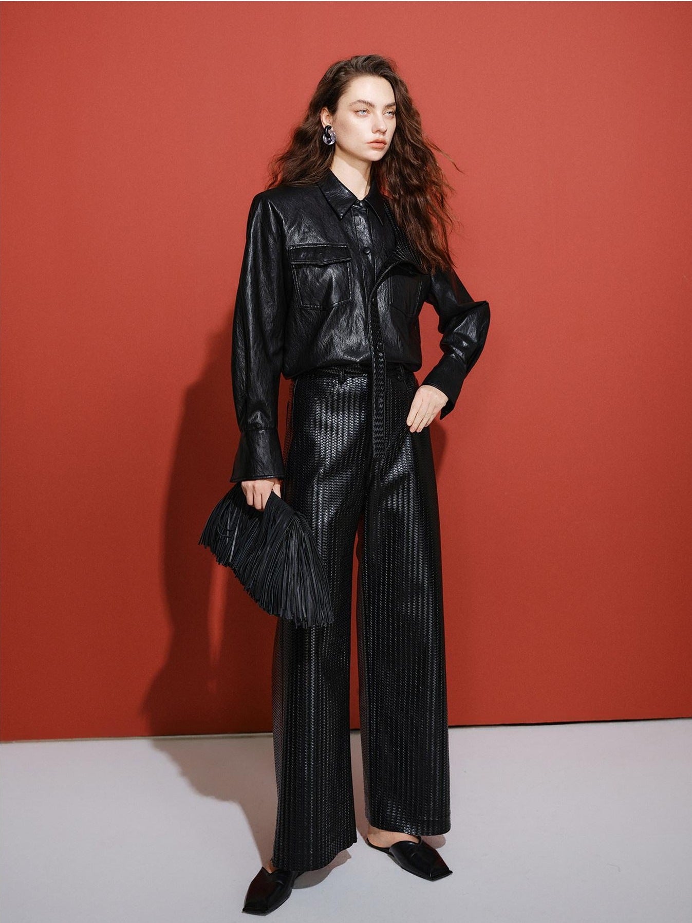 audreyyang Pu Faux Leather Casual Natural Waist Zip Fly Women Straight Pants