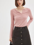 fano Soft V-neck Slim Fit Commuter Top For Women Solid Color Long Sleeve T-Shirts