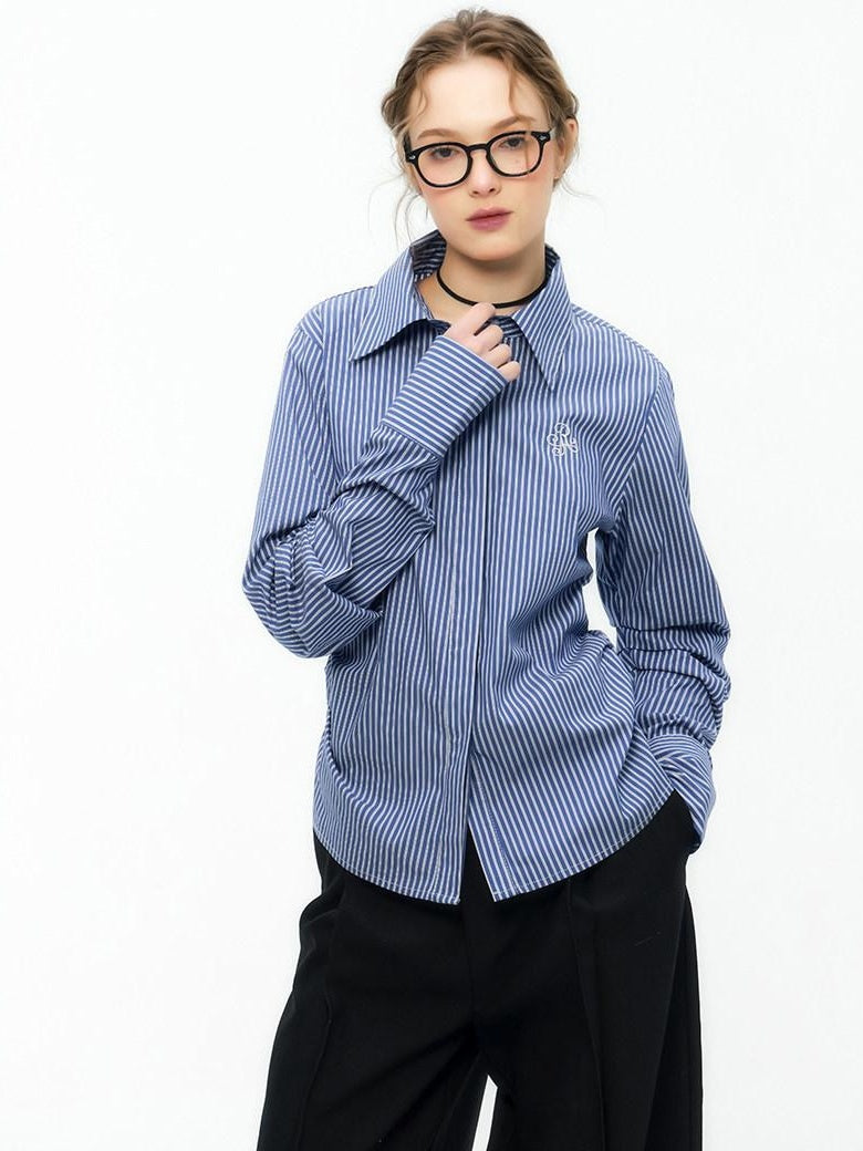 ikyou Embroidered Striped Slim Fit Commuter Long Sleeve Collared Cotton Shirts