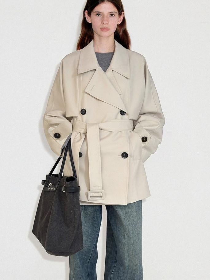 fano Korean Commuter Loose Double Breasted Midlength Women Poly Viscose Trench Coats