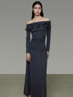 unspoken High Stretch Slim Knit Boat Neck Long Sleeve Dark Gray Office Top & Skirt Sets
