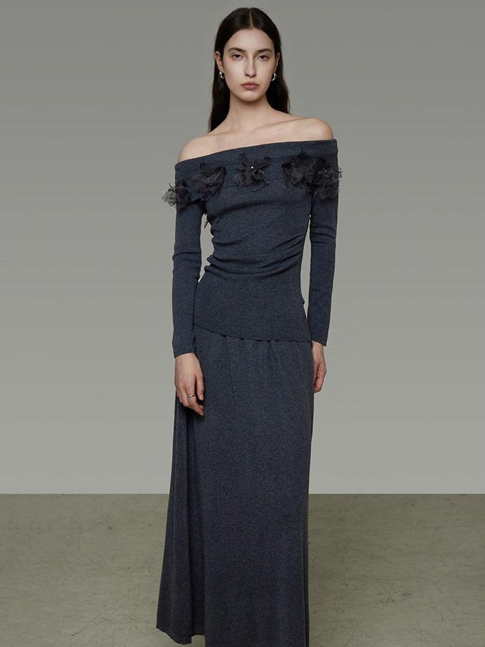 unspoken High Stretch Slim Knit Boat Neck Long Sleeve Dark Gray Office Top & Skirt Sets