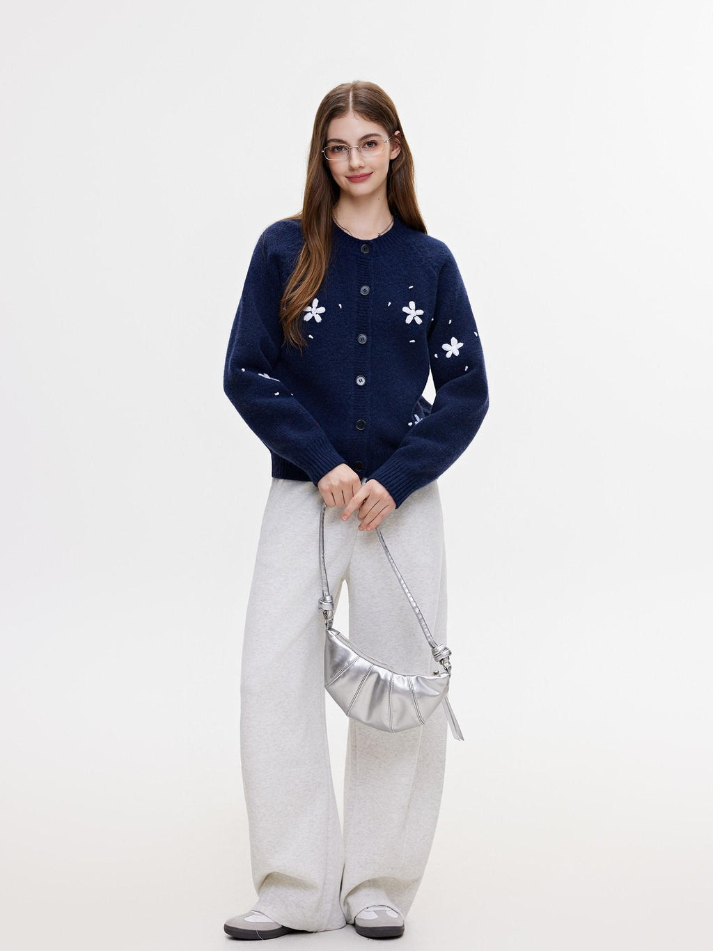 ikyou Cozy Thermal Knit Loose Fit Button Front Sweet Style Navy Women Cardigans