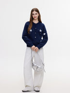 ikyou Cozy Thermal Knit Loose Fit Button Front Sweet Style Navy Women Cardigans