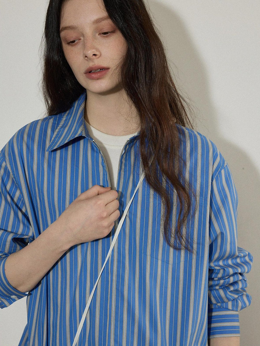 Lofi choose Cotton Blend Colorblock Loose Fit Striped Lapel Zip Women Work Shirts