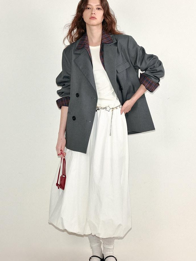 fano Lined Press Pleat A Line Bubble Mid Waist Women City Black White Midi Skirts