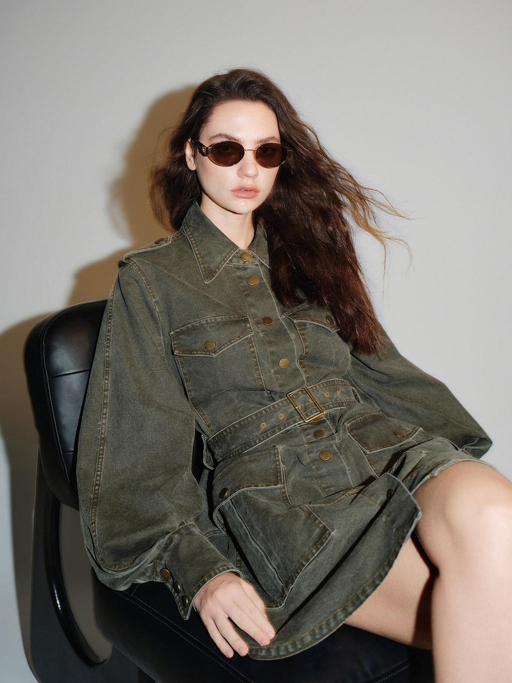 audreyyang Pure Cotton Relaxed Utility Button Women Military Green Denim Jackets