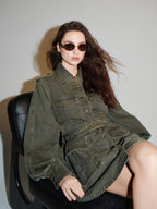 audreyyang Pure Cotton Relaxed Utility Button Women Military Green Denim Jackets