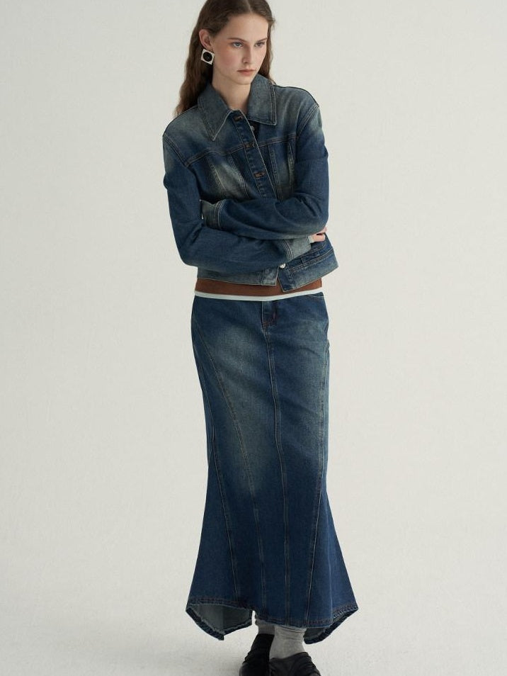 someone sometimes High Cotton Denim Blue Long Sleeve Collared Buttoned Women Top & Skirt Sets