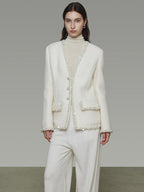 unspoken Soft Ivory Wool Blend Tailored Slim V-neck Long Sleeve Commuter Cardigans