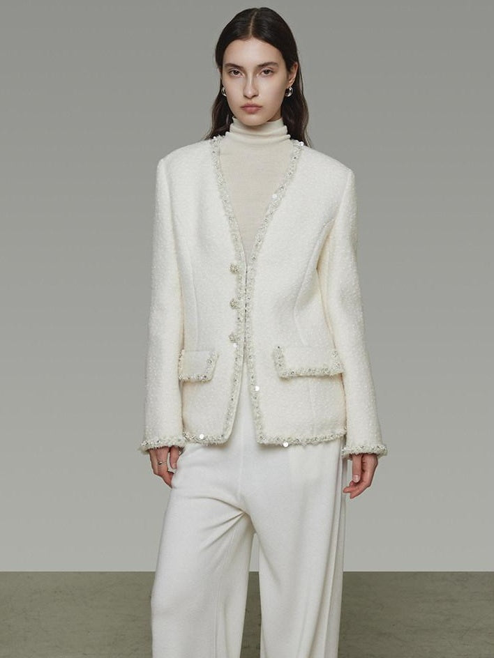 unspoken Soft Ivory Wool Blend Tailored Slim V-neck Long Sleeve Commuter Cardigans