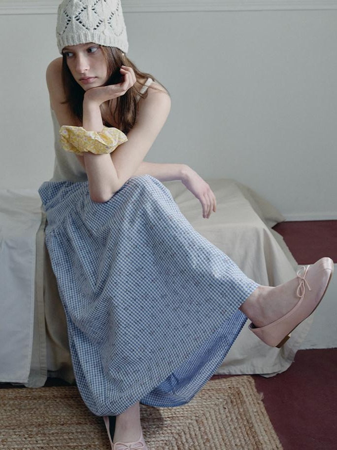 fano Lined 100% Cotton A Line Mid Waist Loose Fit Women Floral Blue Check Maxi Skirts