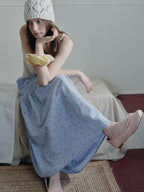 fano Lined 100% Cotton A Line Mid Waist Loose Fit Women Floral Blue Check Maxi Skirts