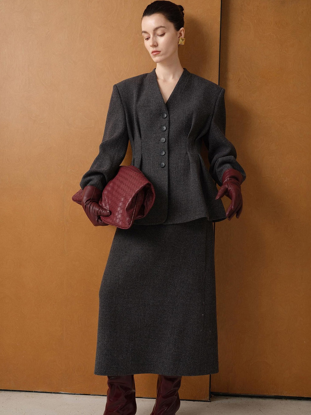 audreyyang Waist Cinch Slim Casual V-neck Single Breasted Women Office Black Wool Coats