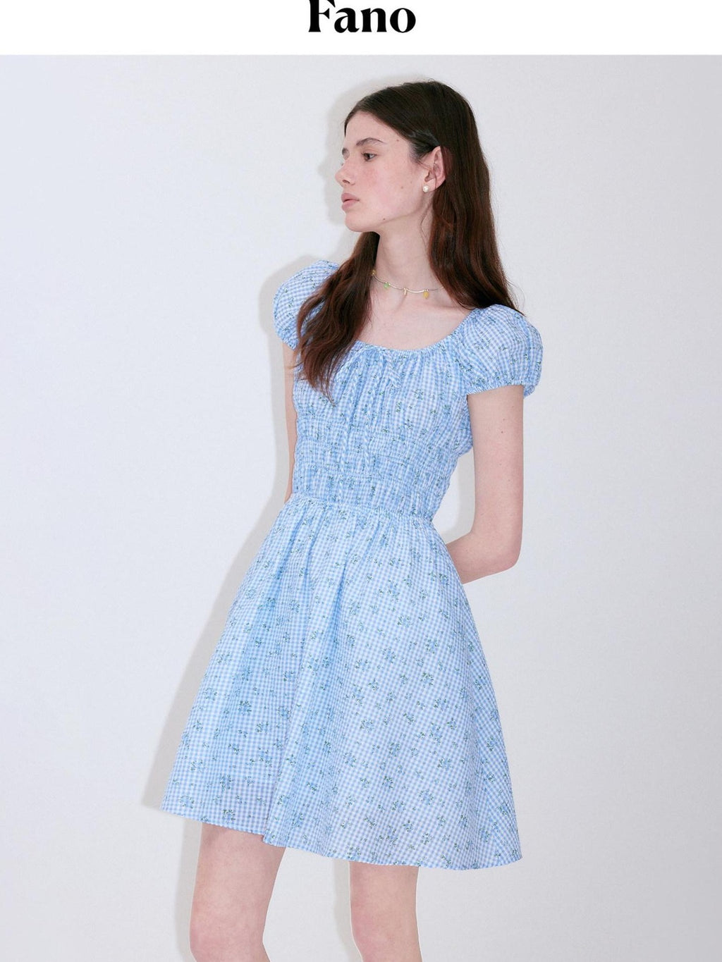 fano Sweet High Waist Puff Sleeve A Line Floral Square Neck Poly Cotton Midi Dresses