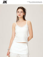 ikyou Lace Trim Slim Fit Spaghetti Strap Office Daily Stretch White Camisoles