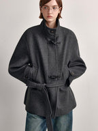 fano Minimal Commuter Straight Midlength Stand Collar Pocket Toggle Women Short Coat