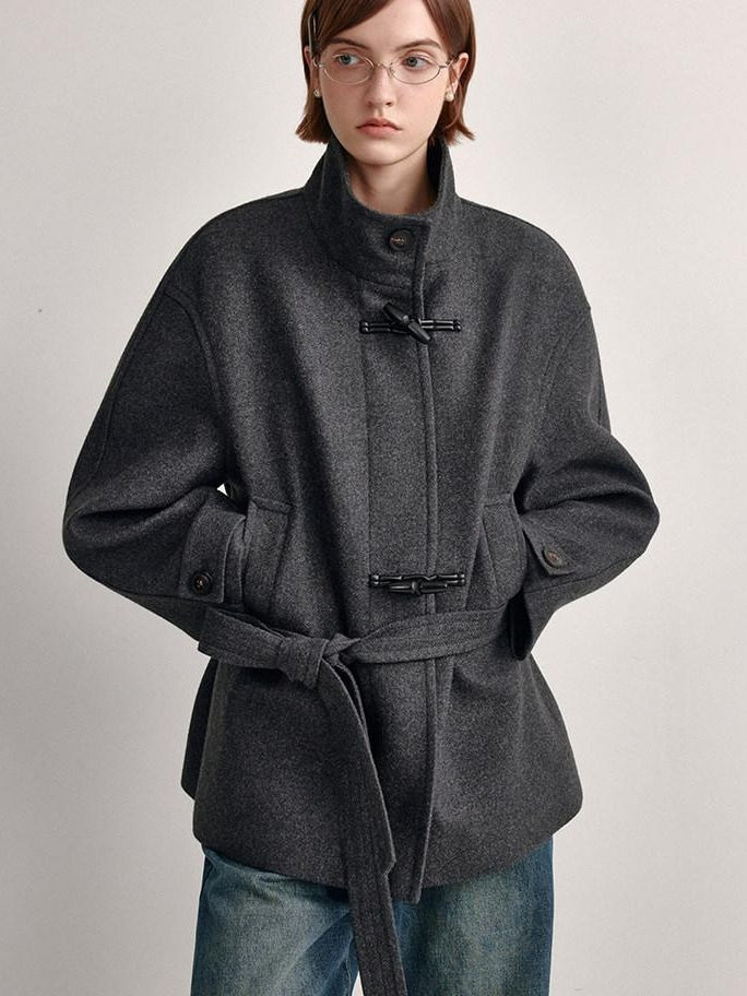 fano Minimal Commuter Straight Midlength Stand Collar Pocket Toggle Women Short Coat