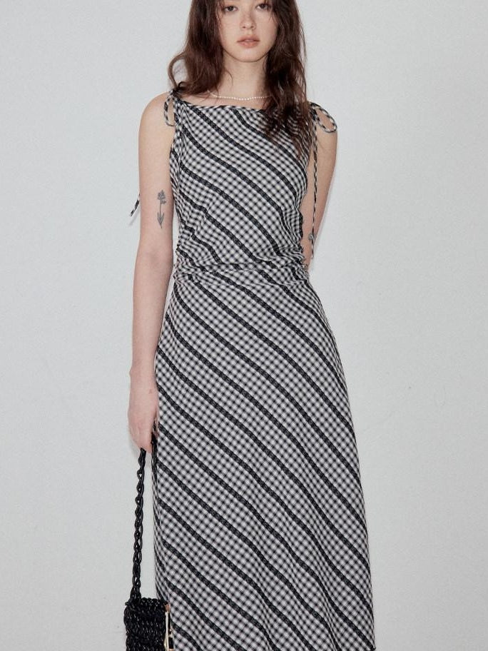 fano Plaid Waist Defining Korean Office A Line Round Neck Casual Women Maxi Dresses