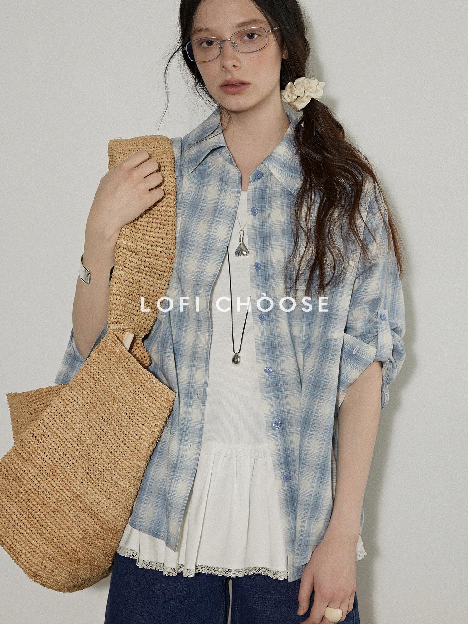 Lofi choose Pure Cotton Colorblock Plaid Embroidered Loose Commuter Office Women Shirts