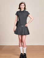 ikyou Breathable 100 Percent Cotton Embroidered A Line Polo Utility Gray Midi Dresses