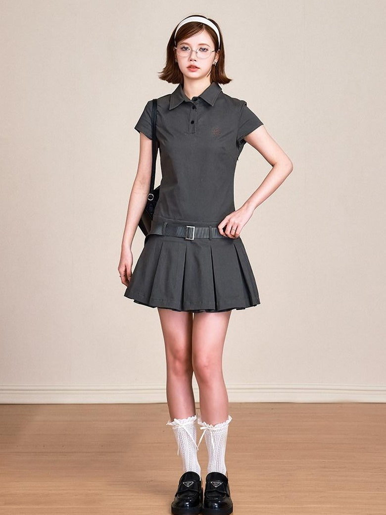 ikyou Breathable 100 Percent Cotton Embroidered A Line Polo Utility Gray Midi Dresses