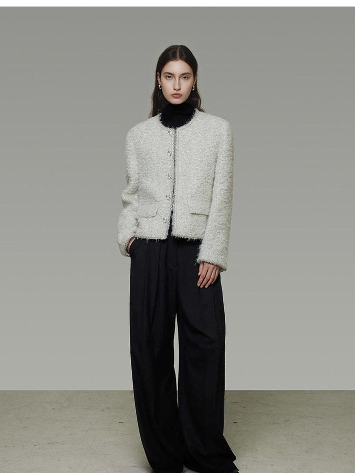 unspoken Lambswool Minimal Commuter Loose Single Button Round Neck Women Cropped Jackets