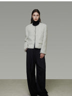 unspoken Lambswool Minimal Commuter Loose Single Button Round Neck Women Cropped Jackets