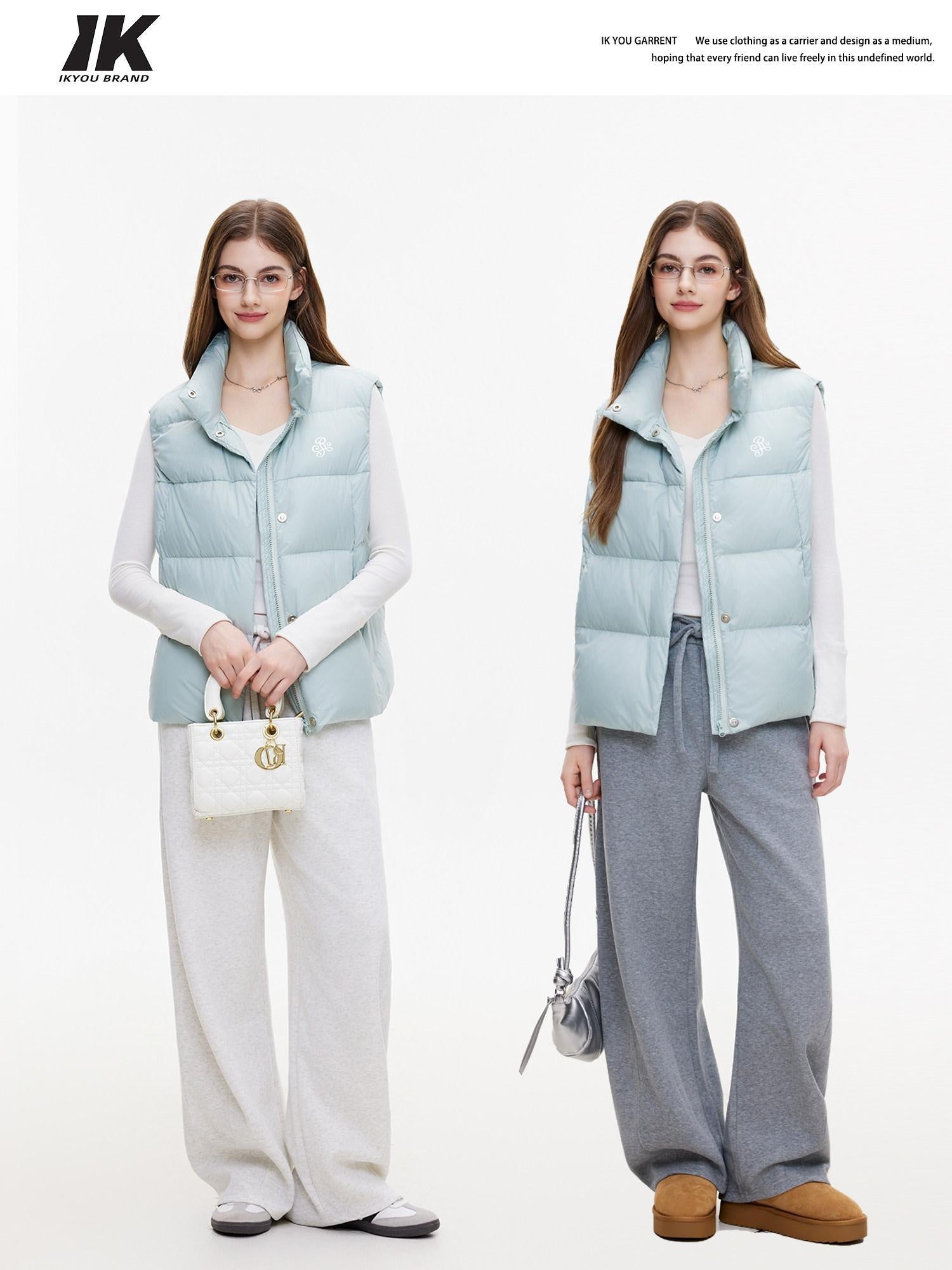 ikyou Warm Thick Sleeveless Stand Collar Straight Commuter Sky Blue Puffer Jackets