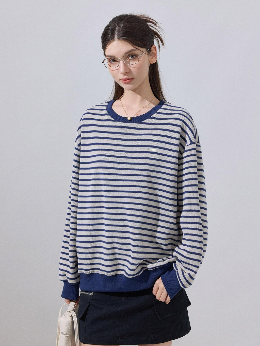 ikyou Soft Cotton Blend Loose Fit Striped Pullover Women Blue Gray Sweaters