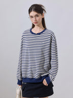 ikyou Soft Cotton Blend Loose Fit Striped Pullover Women Blue Gray Sweaters