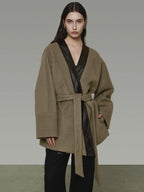 unspoken Minimal Patchwork Loose Fit V-neck Tie Closure Women Commuter Wool Coats