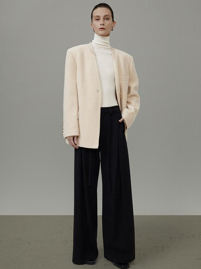 unspoken Cream Wool Blend Commuter Loose Fit V-neck Single Button Women Wool Coats