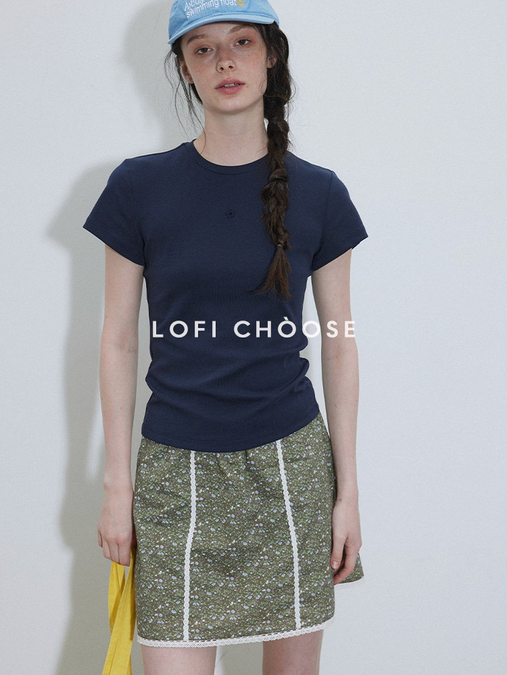 Lofi choose Embroidered Loose Fit Round Neck Office Women Purple Navy Short Sleeve T-Shirts