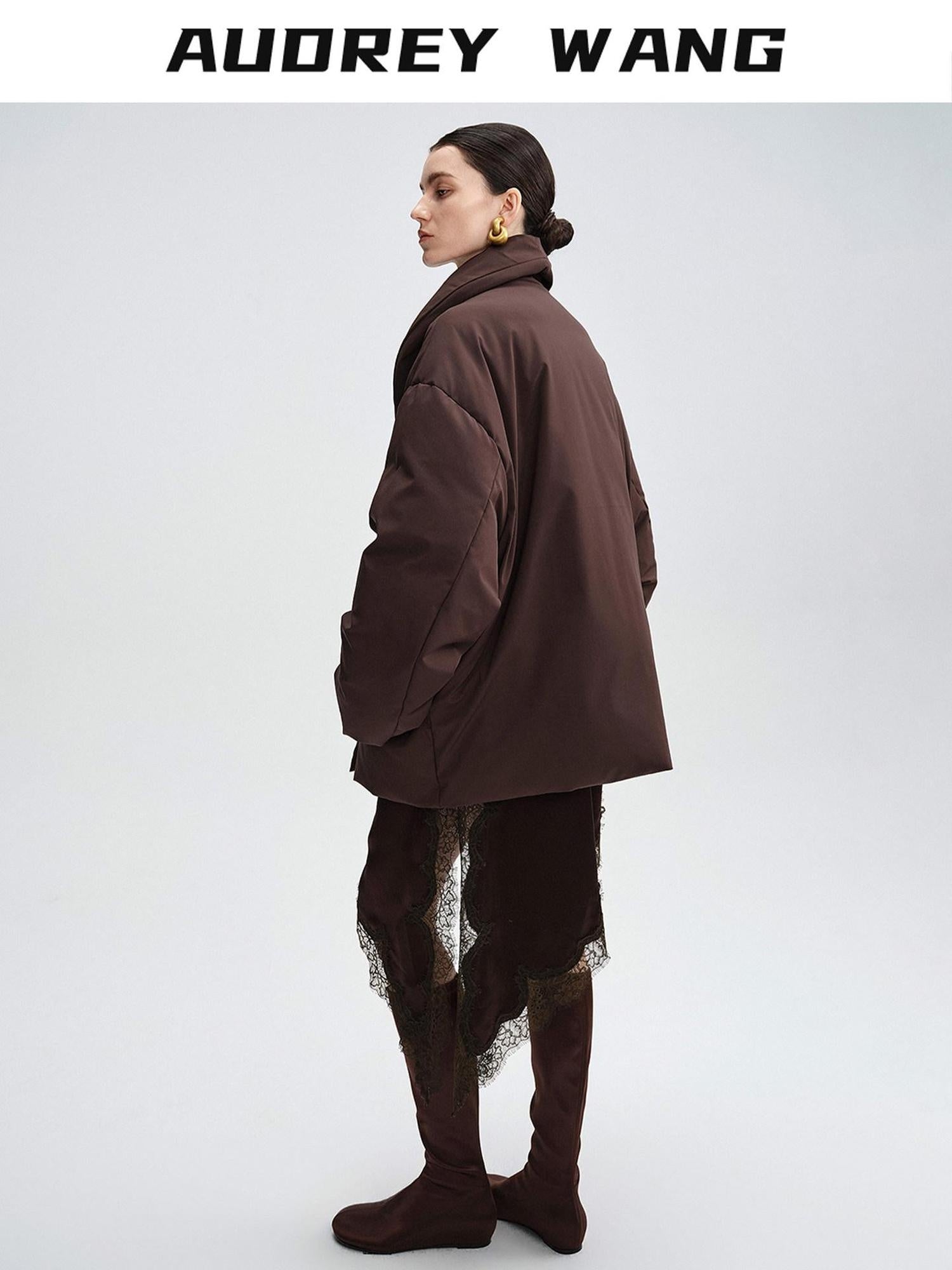 audreyyang Warm 90% Duck Down Loose Casual Stand Collar Women Chocolate Brown Down Jackets
