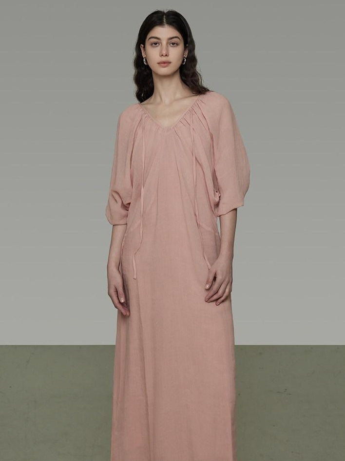unspoken Breathable Linen Lyocell Blend Minimal A Line V-neck Pleated Women Maxi Dresses